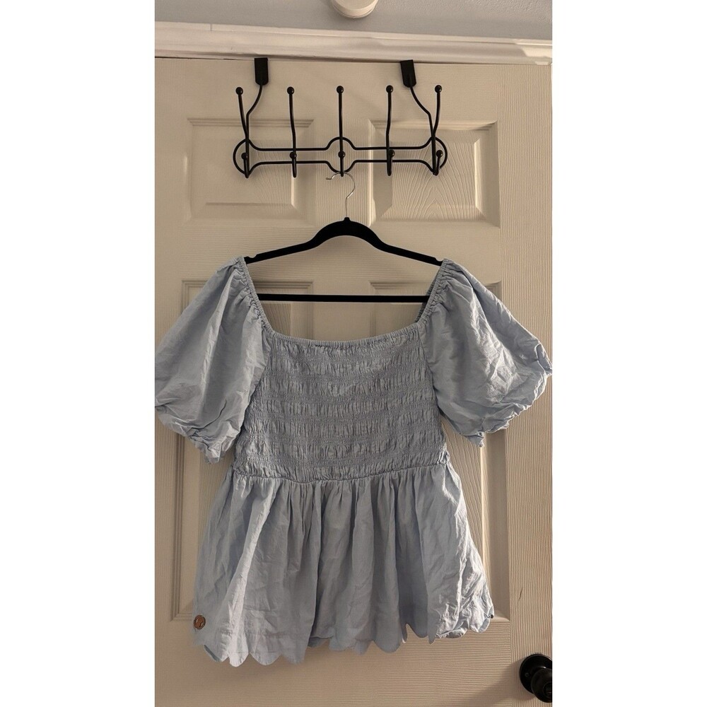 Simply Southern Puff Sleeve Smocked Babydoll Top Scalloped Hem Boho Cottagecore‎